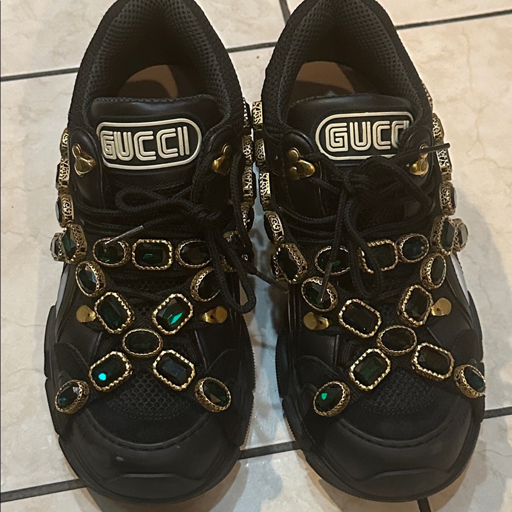 Gucci Black Sneakers with Gold and Green Accents